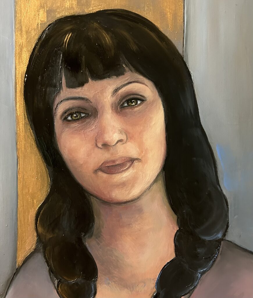 Elle, portrait de femme sur bois - peinture à l'huile, détail du tableau