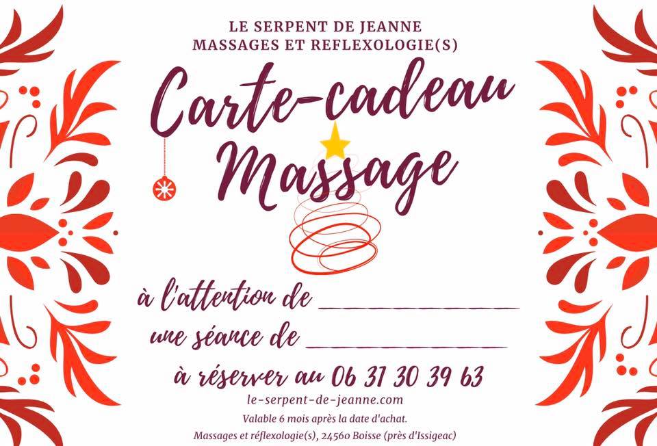 offrez un massage avec la carte-cadeau du Serpent de Jeanne, massages et réflexologie(s) au sud de la Dordogne prÚs de Bergerac